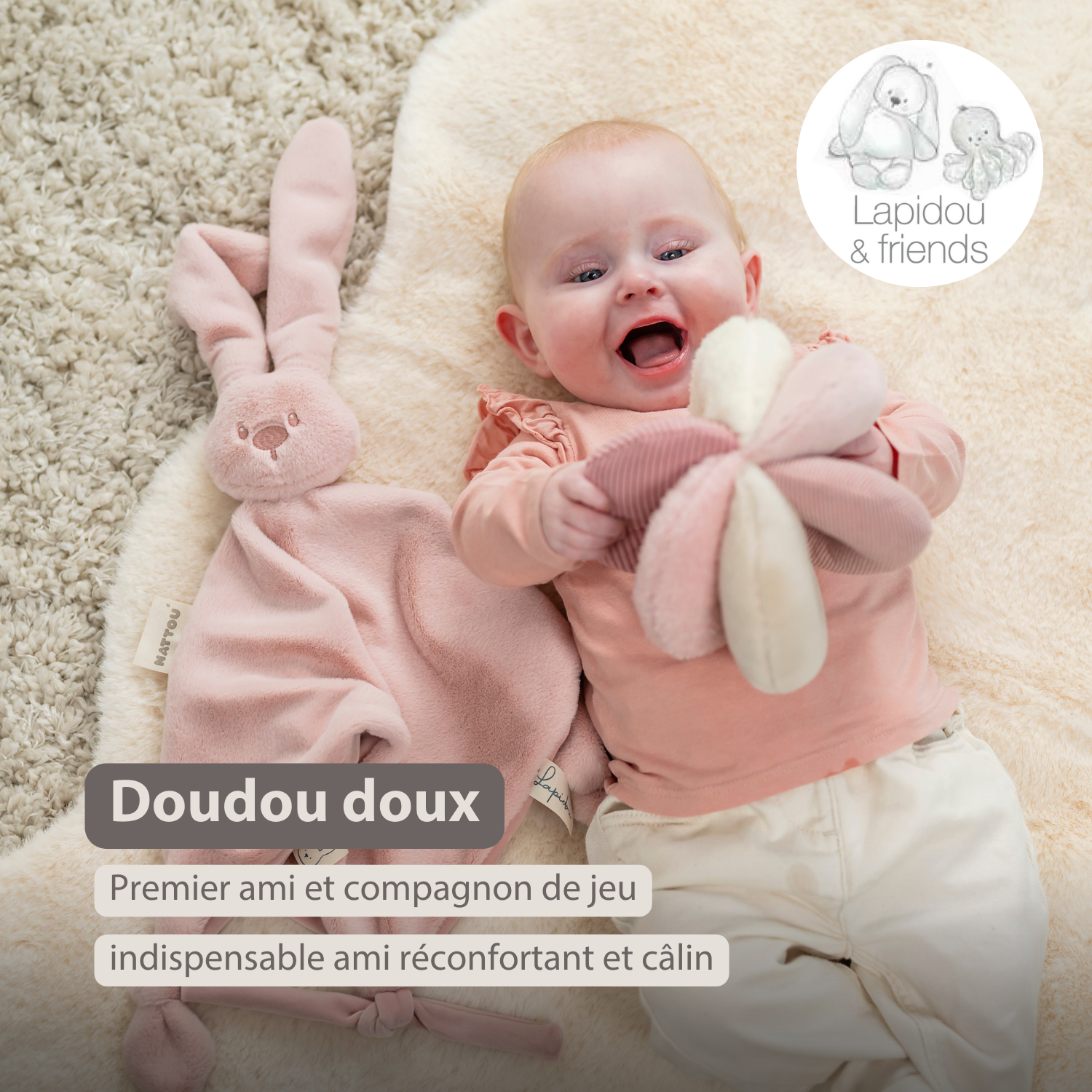 Lapidou Baby Comforter - 65 x 40 cm - Doudou Rabbit - Powder Pink [FR]