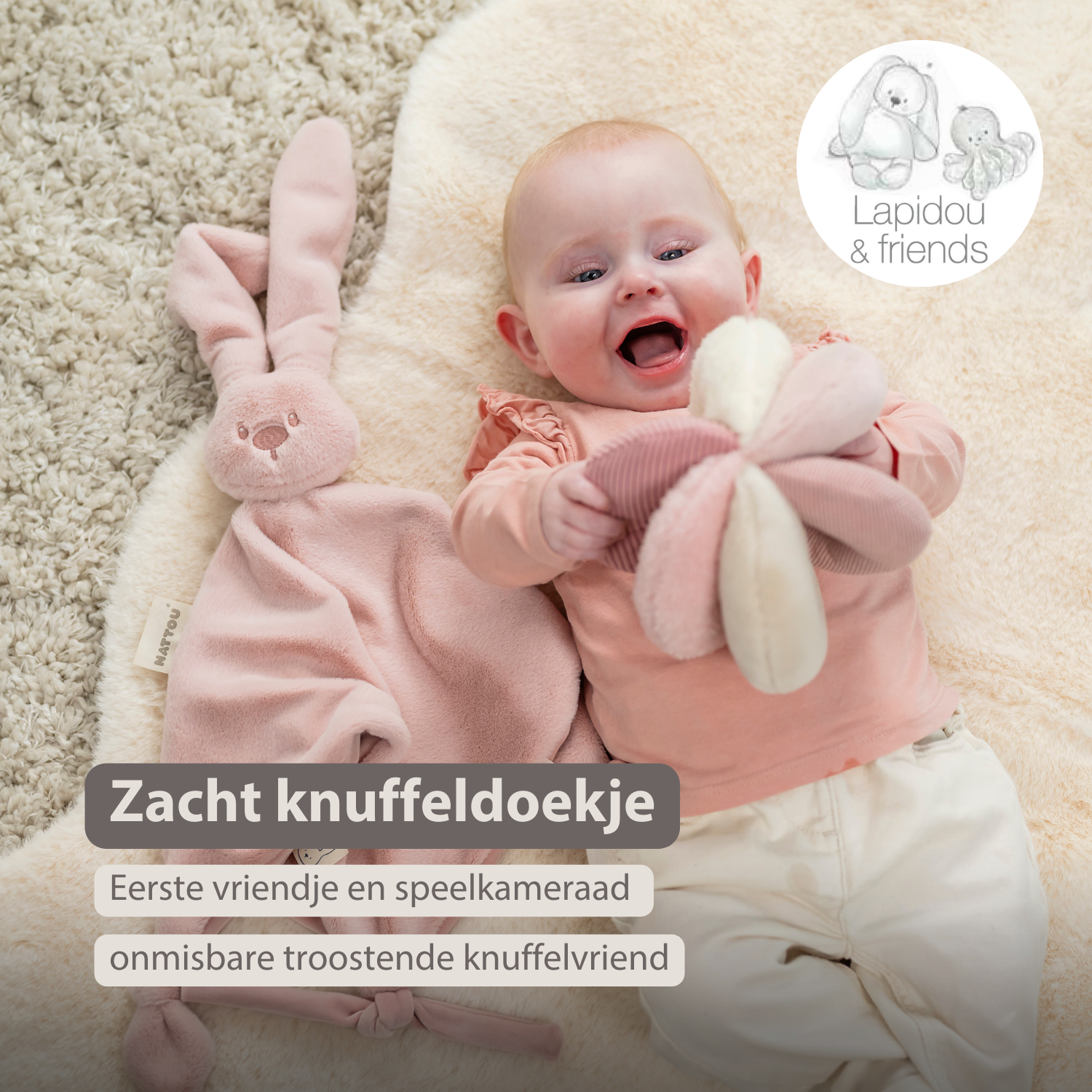 Lapidou Baby Comforter - 65 x 40 cm - Doudou Rabbit - Powder Pink [NL]