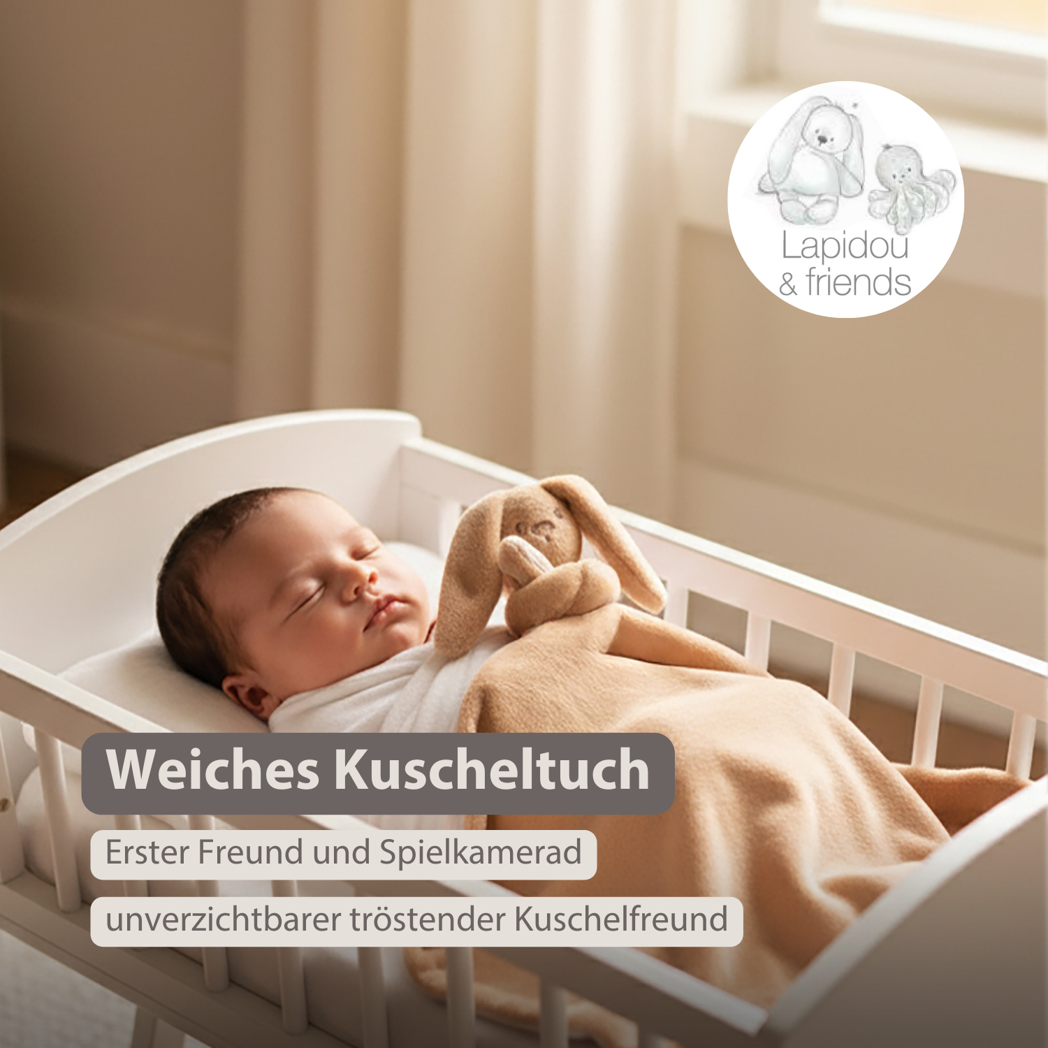 Lapidou Baby Blanket with Plush - 50 x 50 cm - Doudou Rabbit - Warm Beige [DE]