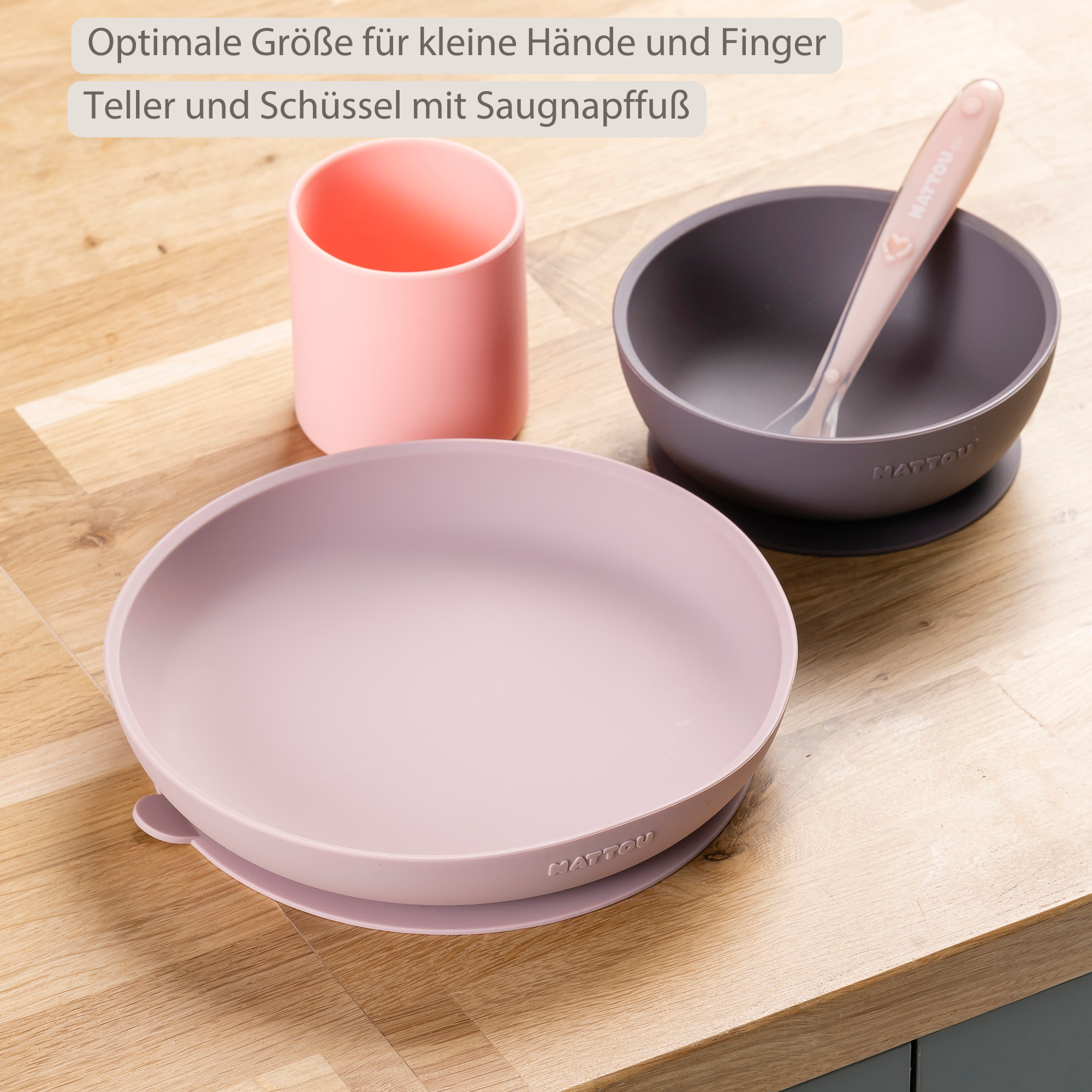 Silicone children’s tableware – 4-piece baby tableware – Pink and Aubergine [DE]