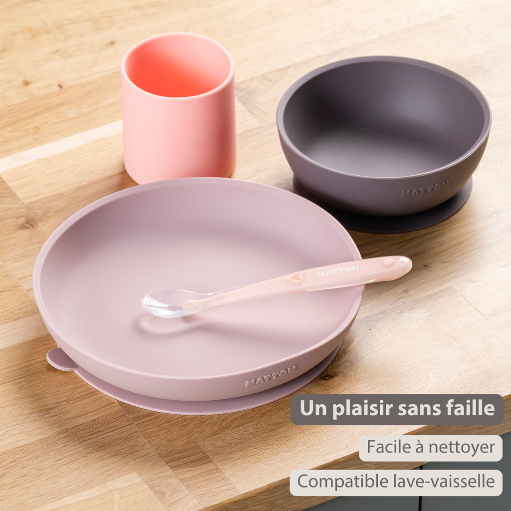 Silicone children’s tableware – 4-piece baby tableware – Pink and Aubergine [FR]