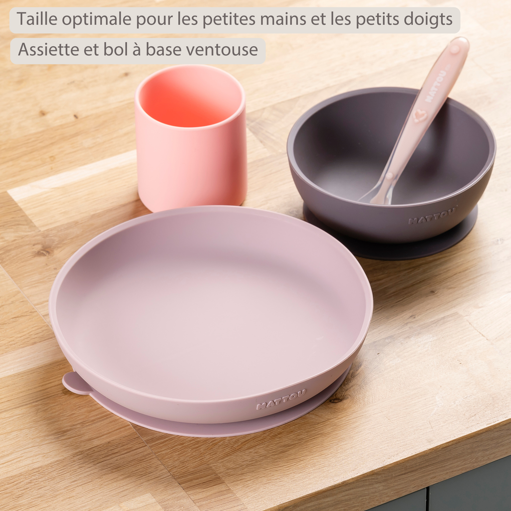 Silicone children’s tableware – 4-piece baby tableware – Pink and Aubergine [FR]