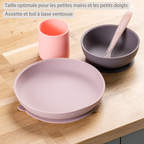 Silicone children’s tableware – 4-piece baby tableware – Pink and Aubergine [FR]