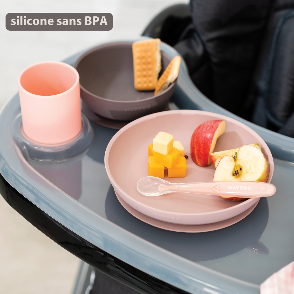 Silicone children’s tableware – 4-piece baby tableware – Pink and Aubergine [FR]