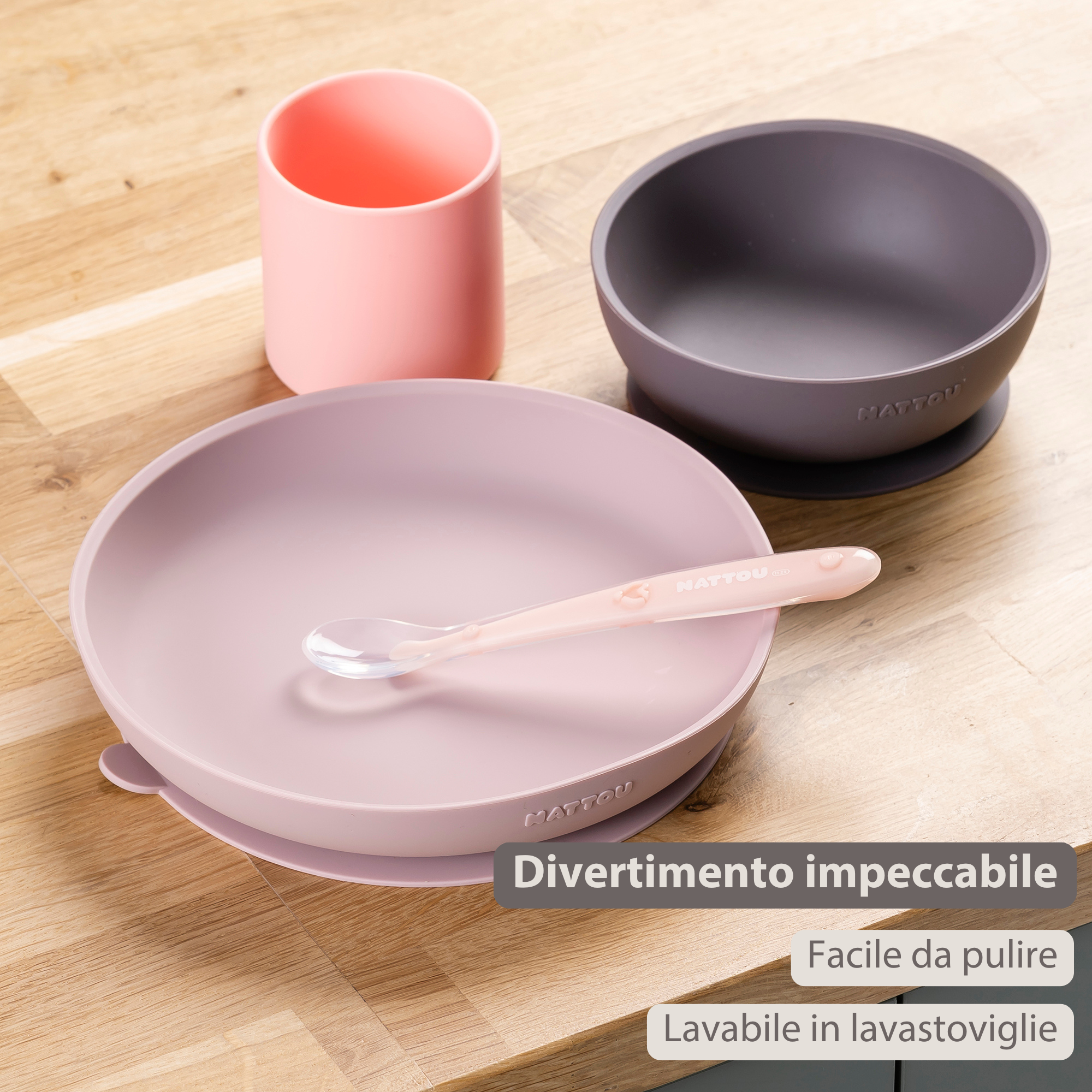 Silicone children’s tableware – 4-piece baby tableware – Pink and Aubergine [IT]