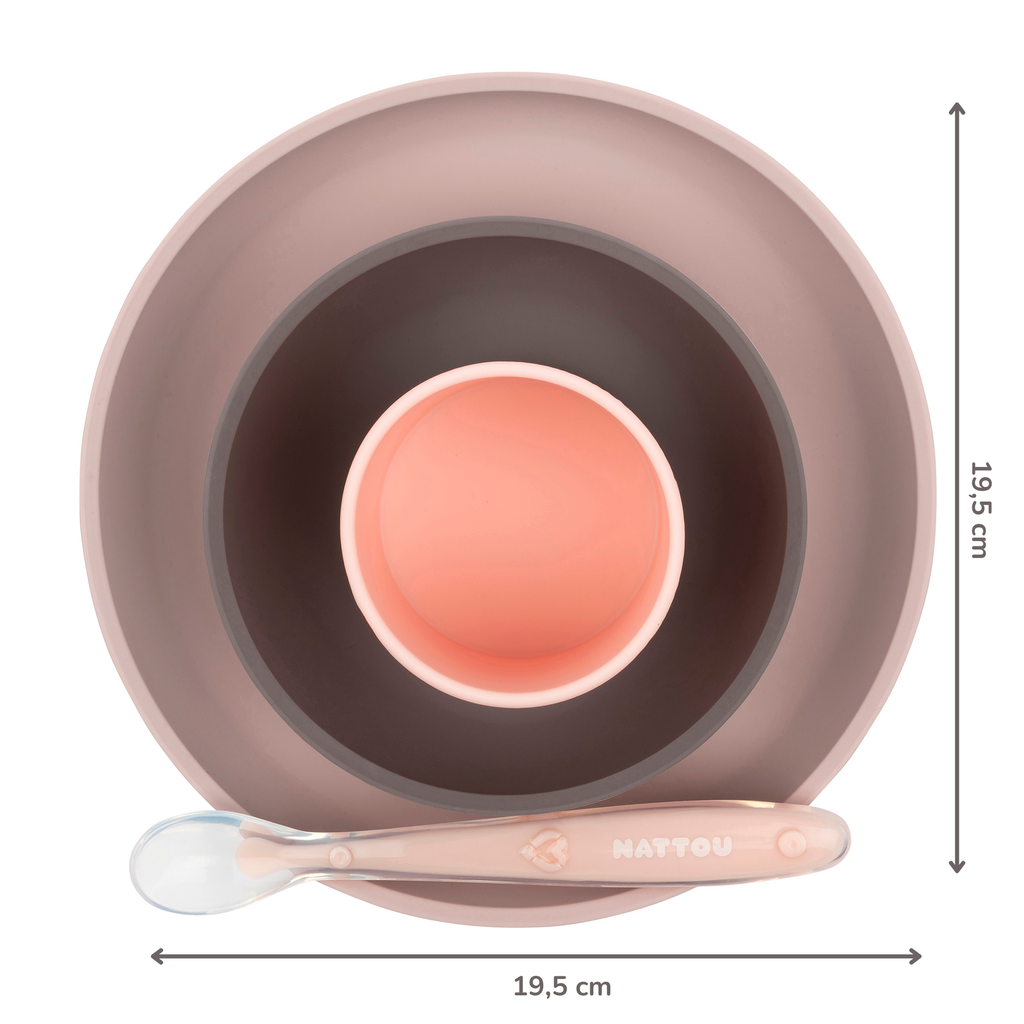 Silicone children’s tableware – 4-piece baby tableware – Pink and Aubergine [IT]