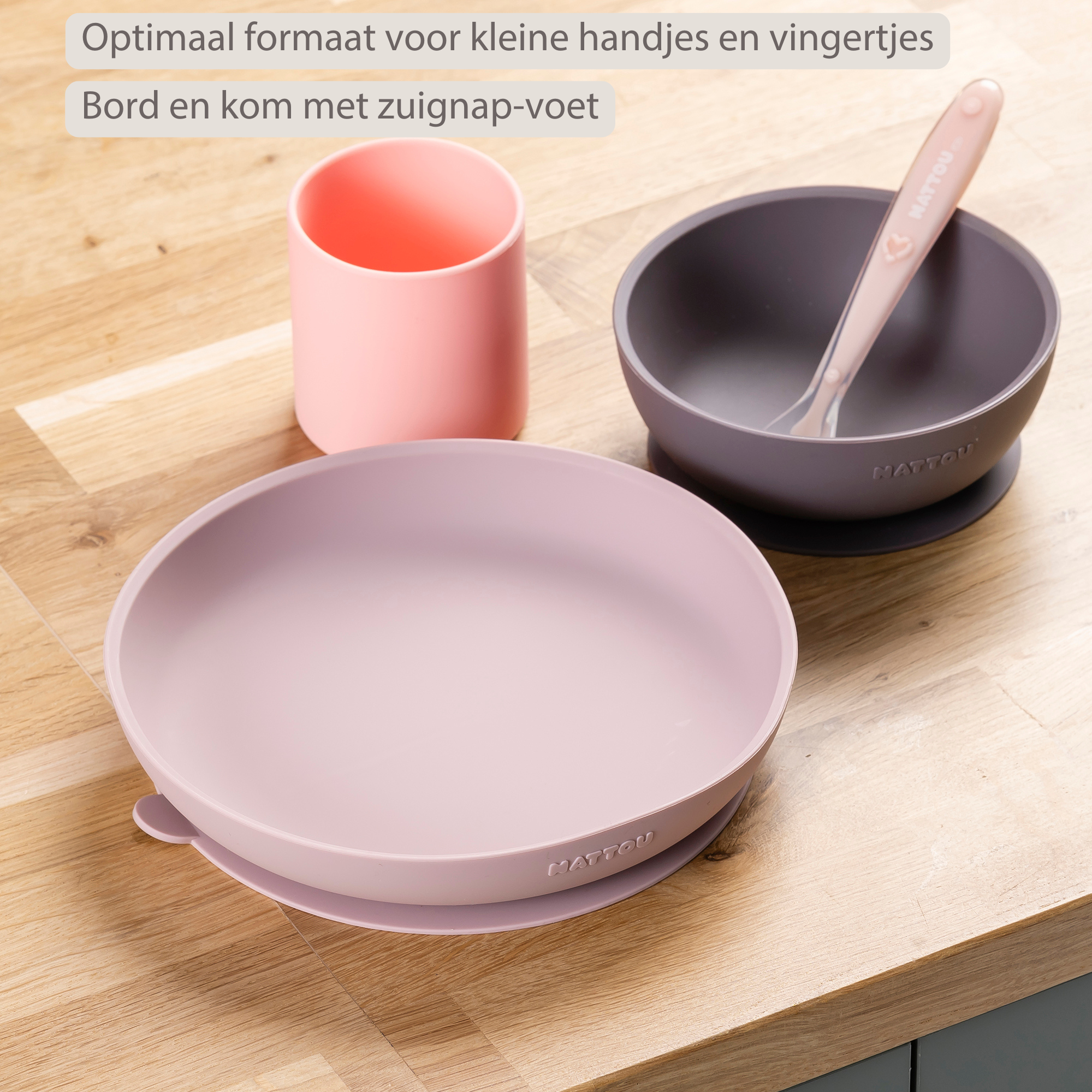 Silicone children’s tableware – 4-piece baby tableware – Pink and Aubergine [NL]