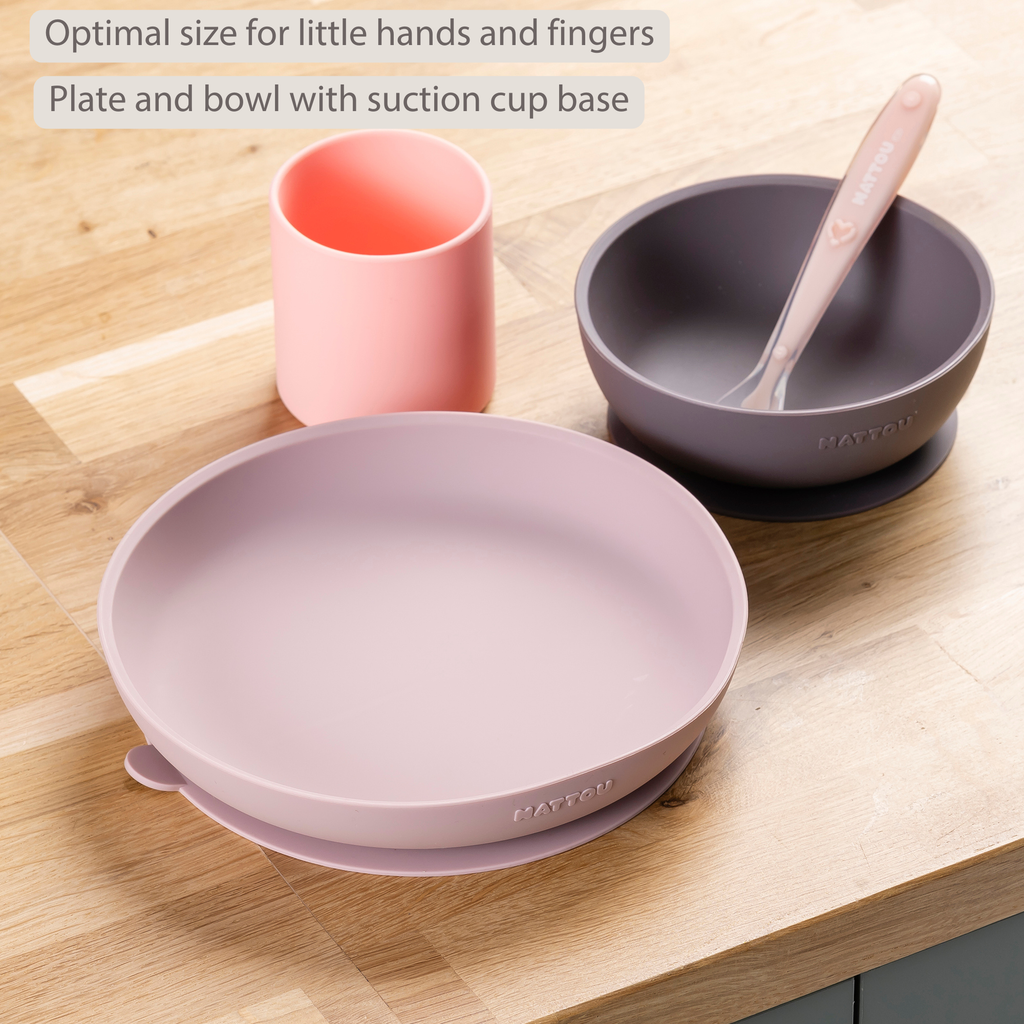 Silicone children’s tableware – 4-piece baby tableware – Pink and Aubergine [EN]