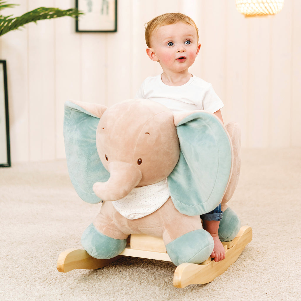 Nattou Elefant Axel Schaukeltier - Plüsch Schaukelpferd für Kleinkinder - 63 x 33 x 45 cm - Grün/Beige